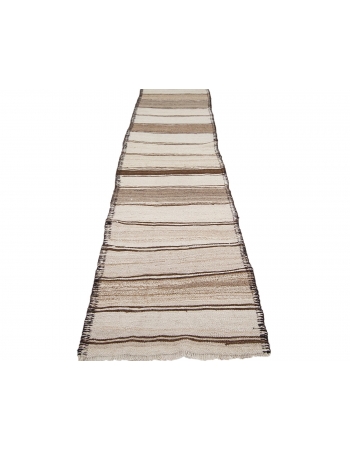 White & Brown Natural Wool Kilim Runner - 2`9" x 12`1"