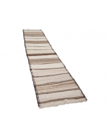 White & Brown Natural Wool Kilim Runner - 2`9" x 12`1"