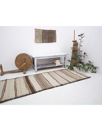 White & Brown Natural Wool Kilim Runner - 2`9" x 12`1"