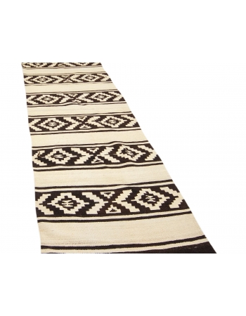 Dark Brown & White Vintage Kilim Runner - 2`11" x 14`5"