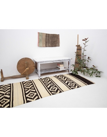 Dark Brown & White Vintage Kilim Runner - 2`11" x 14`5"