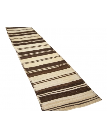 Brown & Ivory Vintage Striped Kilim Runner - 2`10" x 11`11"
