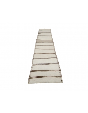 White & Brown Striped Vintage Kilim Runner - 2`8" x 13`5"