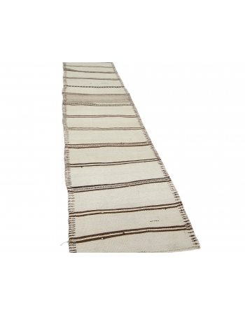 White & Brown Striped Vintage Kilim Runner - 2`8" x 13`5"