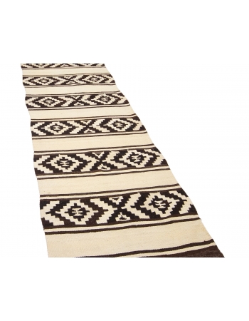 Dark Brown & Cream Vintage Kilim Runner - 3`0" x 13`11"