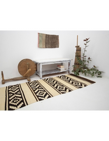 Dark Brown & Cream Vintage Kilim Runner - 3`0" x 13`11"