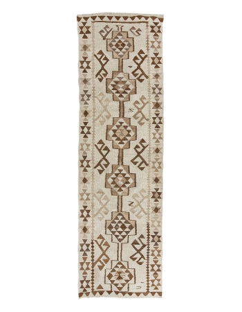 Vintage Ivory & Brown Herki Kilim Runner - 3`2" x 11`4"