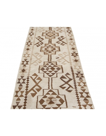 Vintage Ivory & Brown Herki Kilim Runner - 3`2" x 11`4"