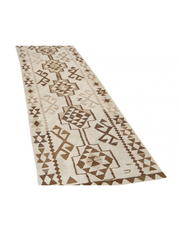 Vintage Ivory & Brown Herki Kilim Runner - 3`2" x 11`4"