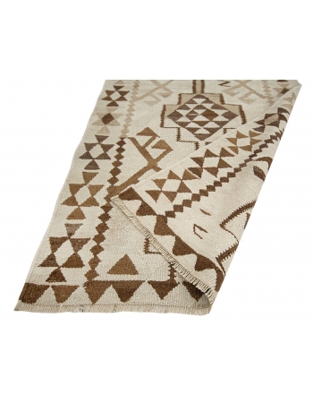 Vintage Ivory & Brown Herki Kilim Runner - 3`2" x 11`4"