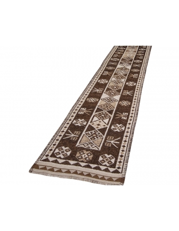 Cream & Brown Vintage Herki Runner - 2`9" x 12`5"