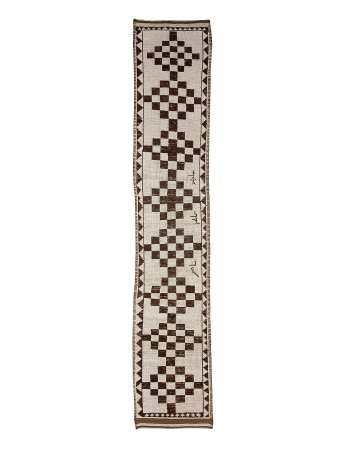 Vintage Cream & Brown Wool Runner - 2`9" x 15`10"