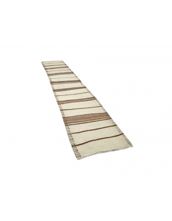 Cream & Brown Striped Vintage Kilim Runner - 2`9" x 12`10"