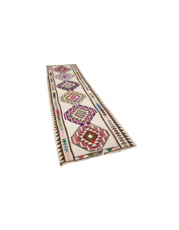 Colorful Vintage Decorative Kilim Runner - 3`7" x 11`11"