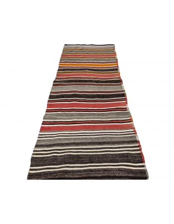 Red & Gray Striped Vintage Kilim Rug - 3`3" x 10`3"