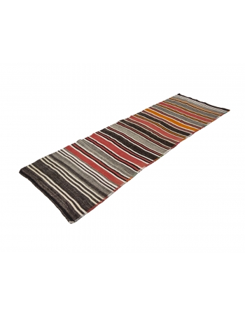 Red & Gray Striped Vintage Kilim Rug - 3`3" x 10`3"