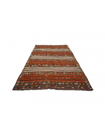 Orange Striped Ebroidered Kilim Rug - 6`7" x 10`4"