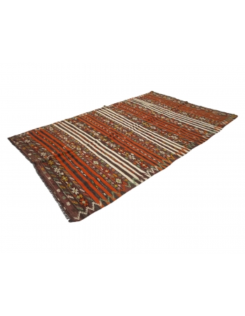 Orange Striped Ebroidered Kilim Rug - 6`7" x 10`4"