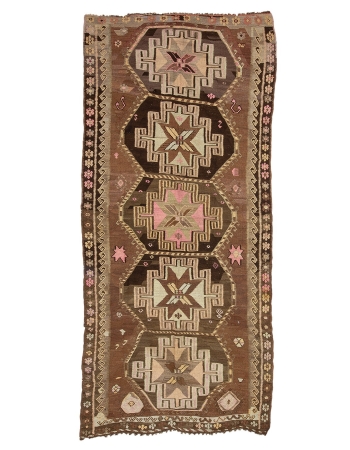 Brown Decorative Vintage Turkish Kilim Rug - 5`9" x 12`6"