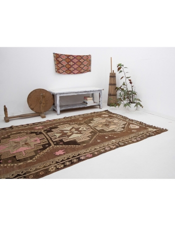 Brown Decorative Vintage Turkish Kilim Rug - 5`9" x 12`6"