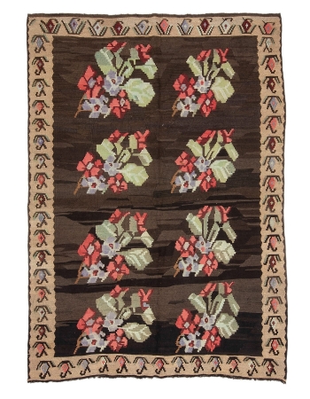 Floral Vintage Turkish Kars Kilim Rug - 5`10" x 8`3"