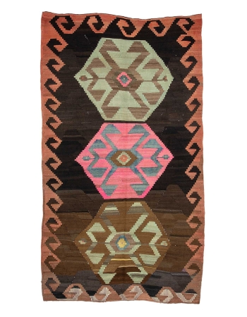 Unique Vintage Turkish Kars Kilim Rug - 6`2" x 11`1"