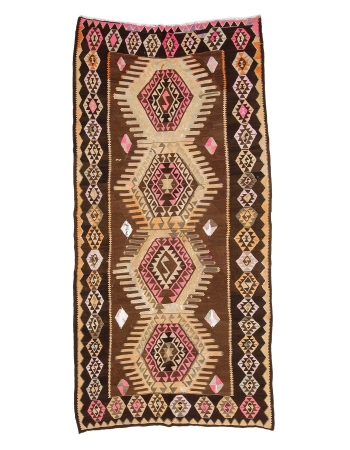 Brown & Pink Vintage Turkish Kilim Rug - 5`0" x 10`7"