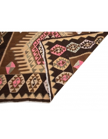 Brown & Pink Vintage Turkish Kilim Rug - 5`0" x 10`7"
