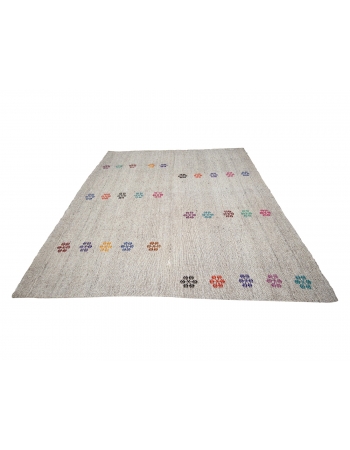 Gray Embroidered Vintage Turkish Kilim Rug - 8`0" x 10`3"