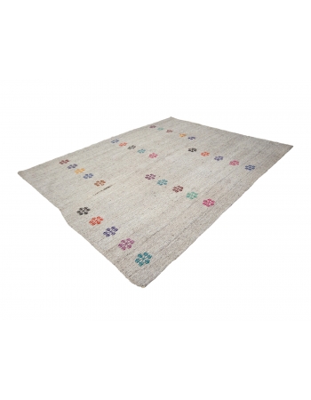 Gray Embroidered Vintage Turkish Kilim Rug - 8`0" x 10`3"