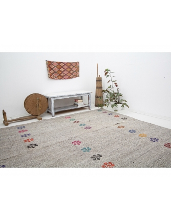 Gray Embroidered Vintage Turkish Kilim Rug - 8`0" x 10`3"