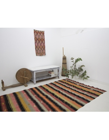 Striped Colorful Vintage Kilim Rug - 5`1" x 10`11"