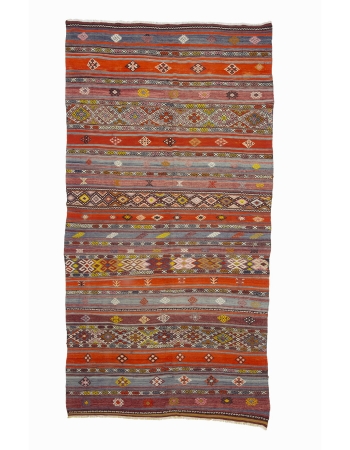 Embroidered Vintage Turkish Kilim Rug - 6`2" x 11`9"