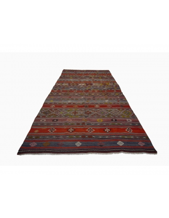 Embroidered Vintage Turkish Kilim Rug - 6`2" x 11`9"