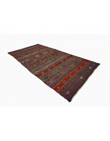 Embroidered Vintage Turkish Kilim Rug - 6`2" x 11`9"