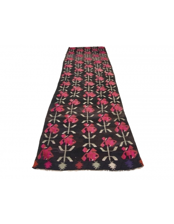 Vintage Pink & Black Kilim Runner - 3`5" x 12`0"