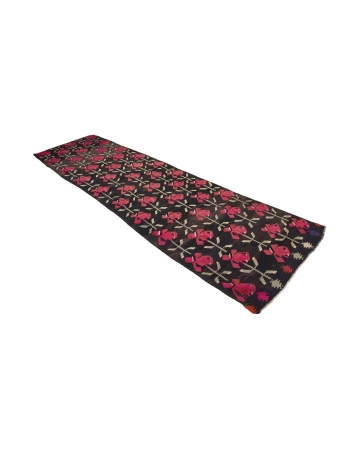 Vintage Pink & Black Kilim Runner - 3`5" x 12`0"