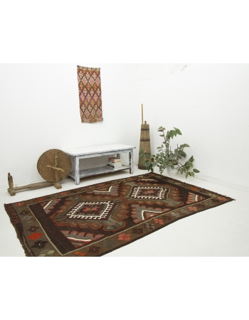 Brown & Orange Vintage Kilim Rug - 5`1" x 7`10"