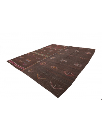 Colorful Embroidered Large Brown Kilim Rug - 10`6" x 12`0"