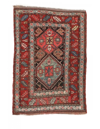 Antique Decorative Caucasian Wool Rug - 3`7" x 4`11"