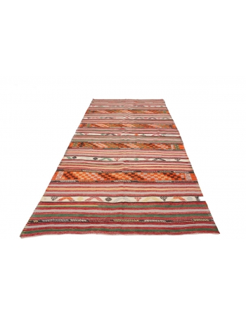 Embroidered Vintage Turkish Kilim Rug - 5`7" x 11`2"