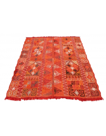 Orange Embroidered Arabi Kilim Rug - 4`9" x 5`7"