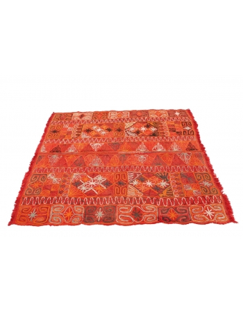 Orange Embroidered Arabi Kilim Rug - 4`9" x 5`7"