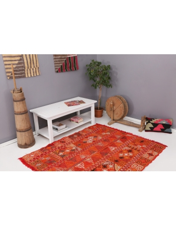 Orange Embroidered Arabi Kilim Rug - 4`9" x 5`7"