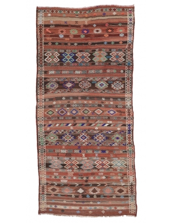 Embroidered Vintage Turkish Kilim Rug - 5`6" x 11`4"