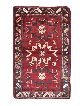 Red & Blue Vintage Caucasian Rug - 3`3" x 4`11"