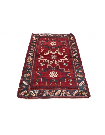 Red & Blue Vintage Caucasian Rug - 3`3" x 4`11"