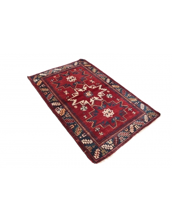 Red & Blue Vintage Caucasian Rug - 3`3" x 4`11"