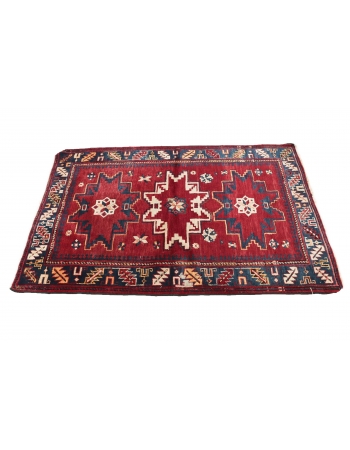 Red & Blue Vintage Caucasian Rug - 3`3" x 4`11"