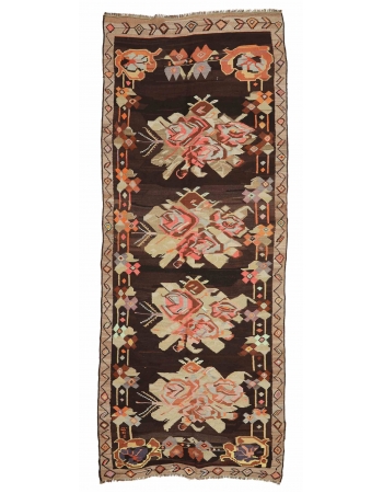 Floral Vintage Turkish Kars Kilim Rug - 5`3" x 12`6"